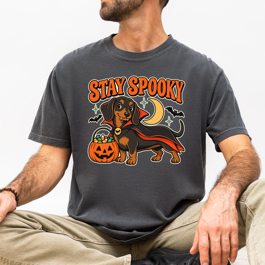 Vampire Dachshund Halloween T-Shirt, Stay Spooky Retro 1950s Cartoon, Pumpkin Candy Bucket, Comfort Colors