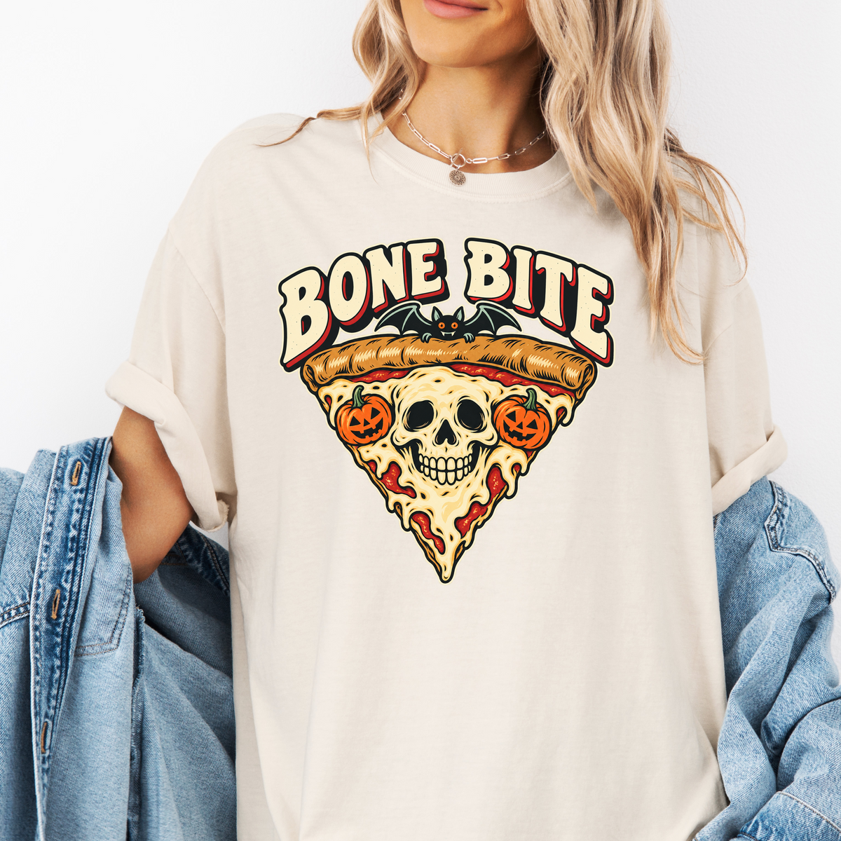 Skeleton Pizza Halloween T-shirt, Bone Bite Retro Diner Skull Slice, Pumpkin and Bat Comfort Colors