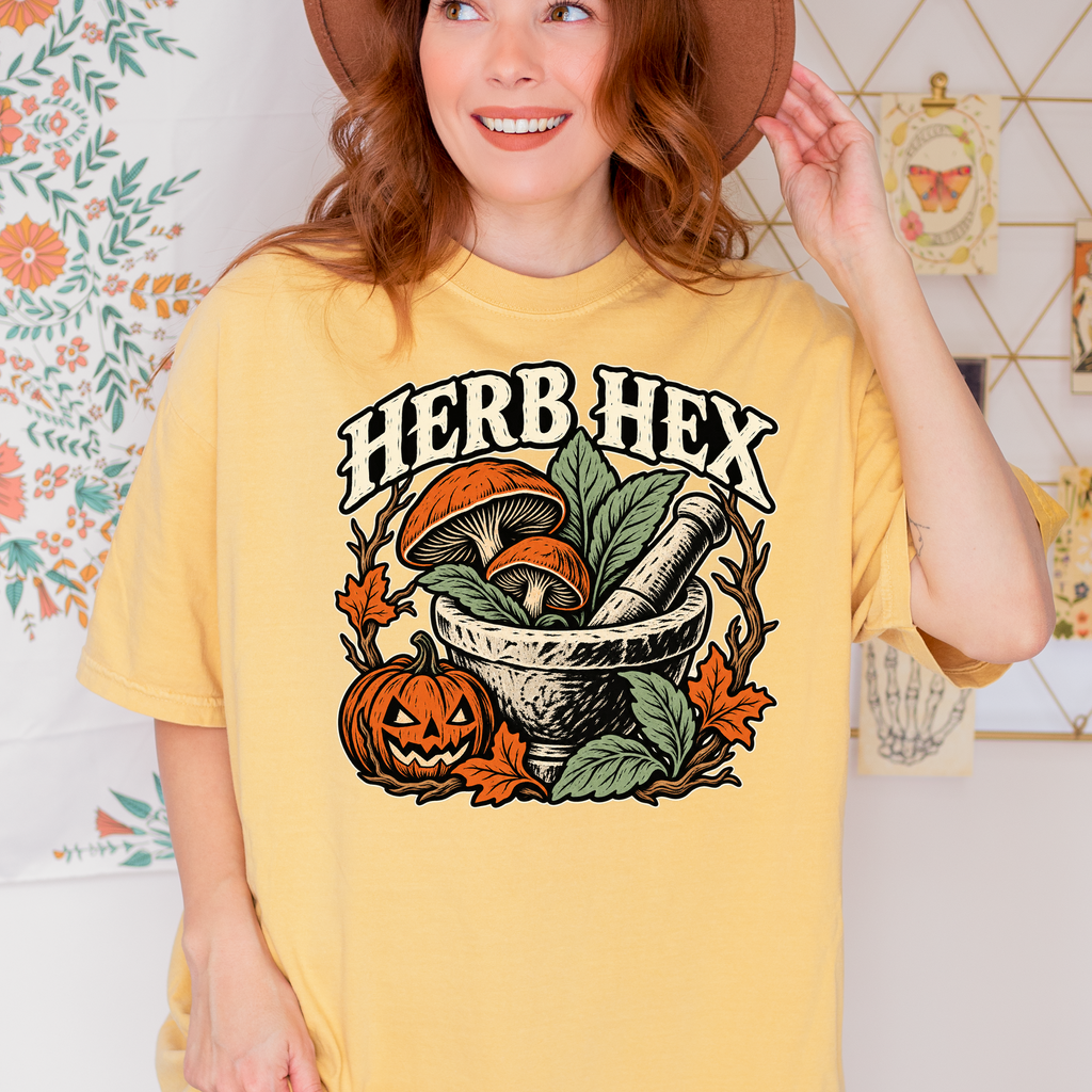 Witch's Apothecary Halloween T-Shirt, Herb Hex Mortar and Mushroom Woodcut, Pumpkin Folk Art, Comfort Colors