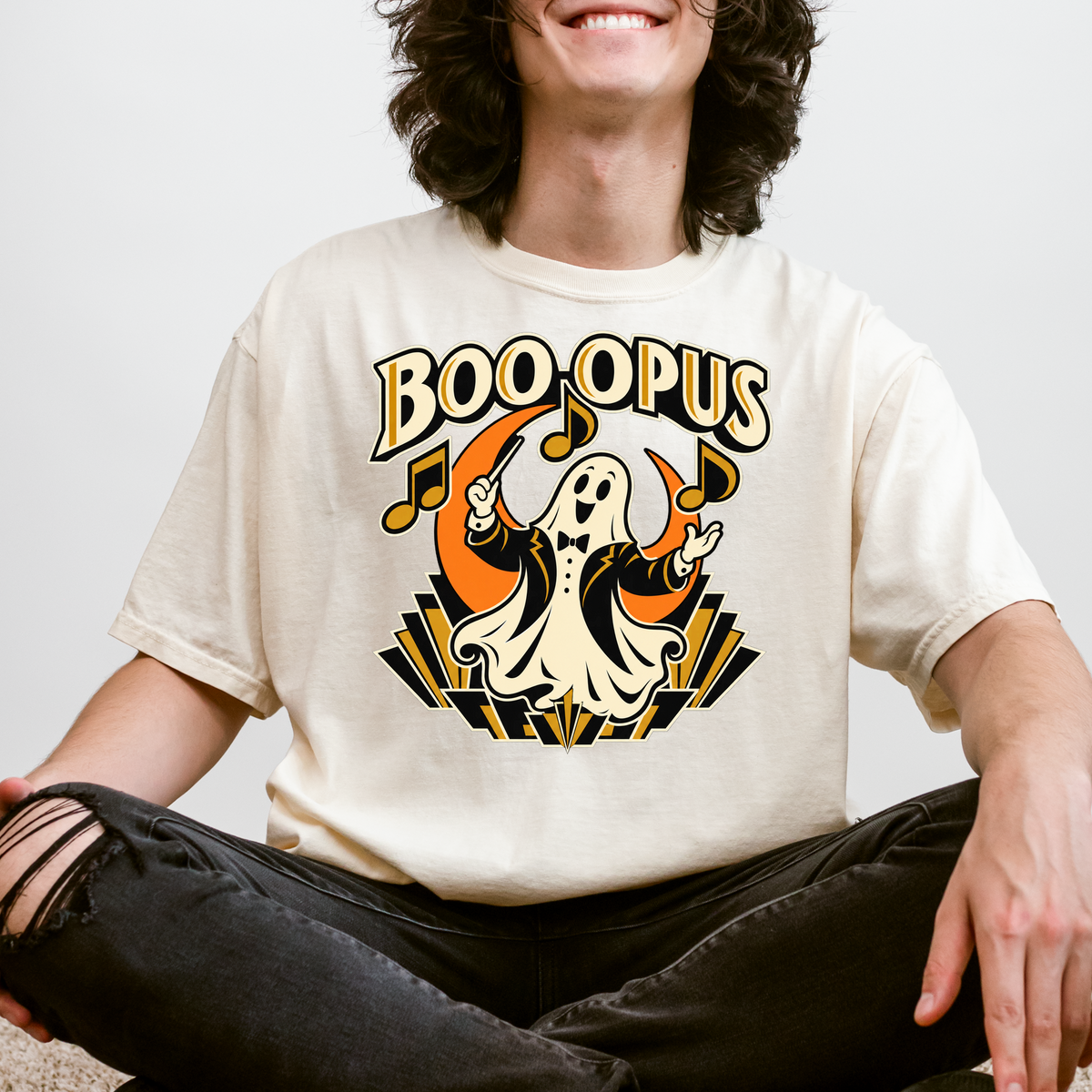 Ghost Music Conductor Halloween T-Shirt, Boo Opus Art Deco Musical Notes, Comfort Colors Spooky Season