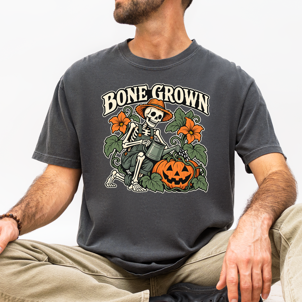 Skeleton Halloween T-Shirt, Bone Grown Pumpkin Garden Folk Art, Botanical Spooky Season Comfort Colors