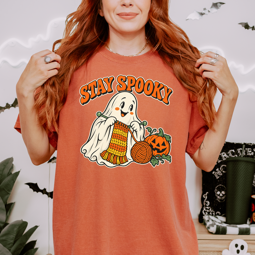 Ghost Halloween T-Shirt, Stay Spooky Knitting Design, Retro 1950s Cartoon Pumpkin, Comfort Colors