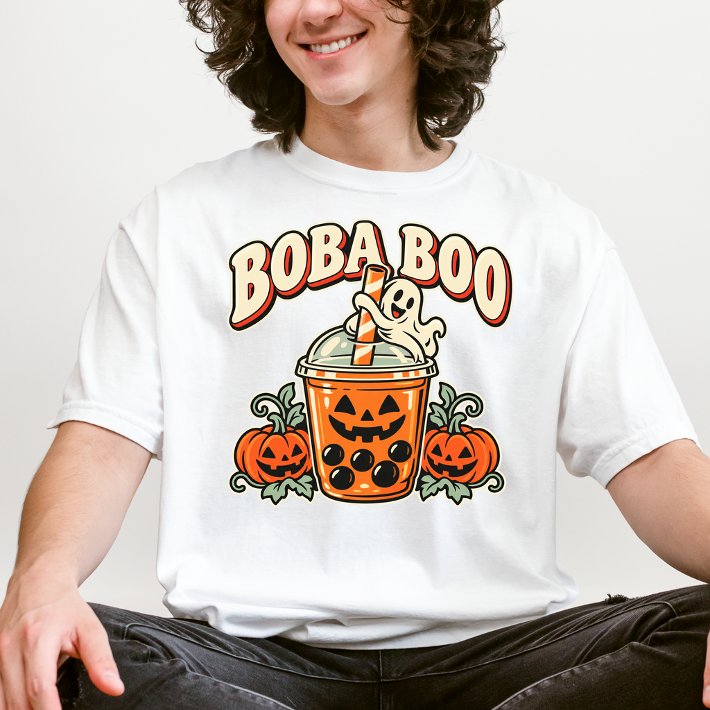 Pumpkin Boba Halloween T-Shirt, Boba Boo Ghost Cup, Retro Diner Spooky Season Art, Comfort Colors