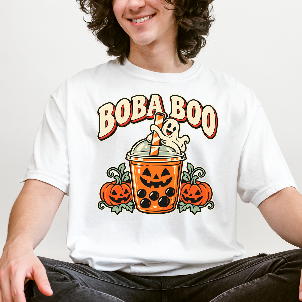 Pumpkin Boba Halloween T-Shirt, Boba Boo Ghost Cup, Retro Diner Spooky Season Art, Comfort Colors