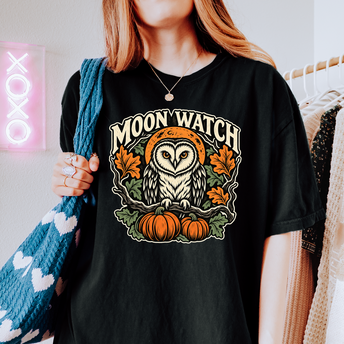 Owl Halloween T-Shirt, Moon Watch Pumpkin Woodcut Folk Art, Autumn Moon Comfort Colors