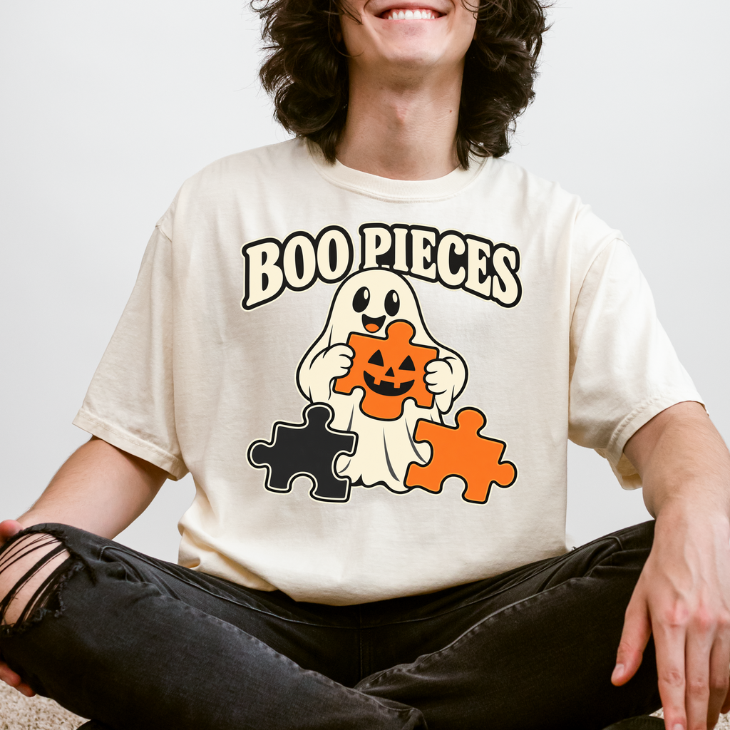 Ghost Halloween T-Shirt, Boo Pieces Pumpkin Puzzle Design, Minimalist Spooky Season, Comfort Colors