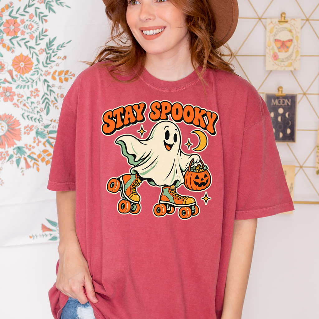 Roller Skating Ghost Halloween T-Shirt, Stay Spooky Retro Cartoon, Pumpkin Candy Bucket, Comfort Colors