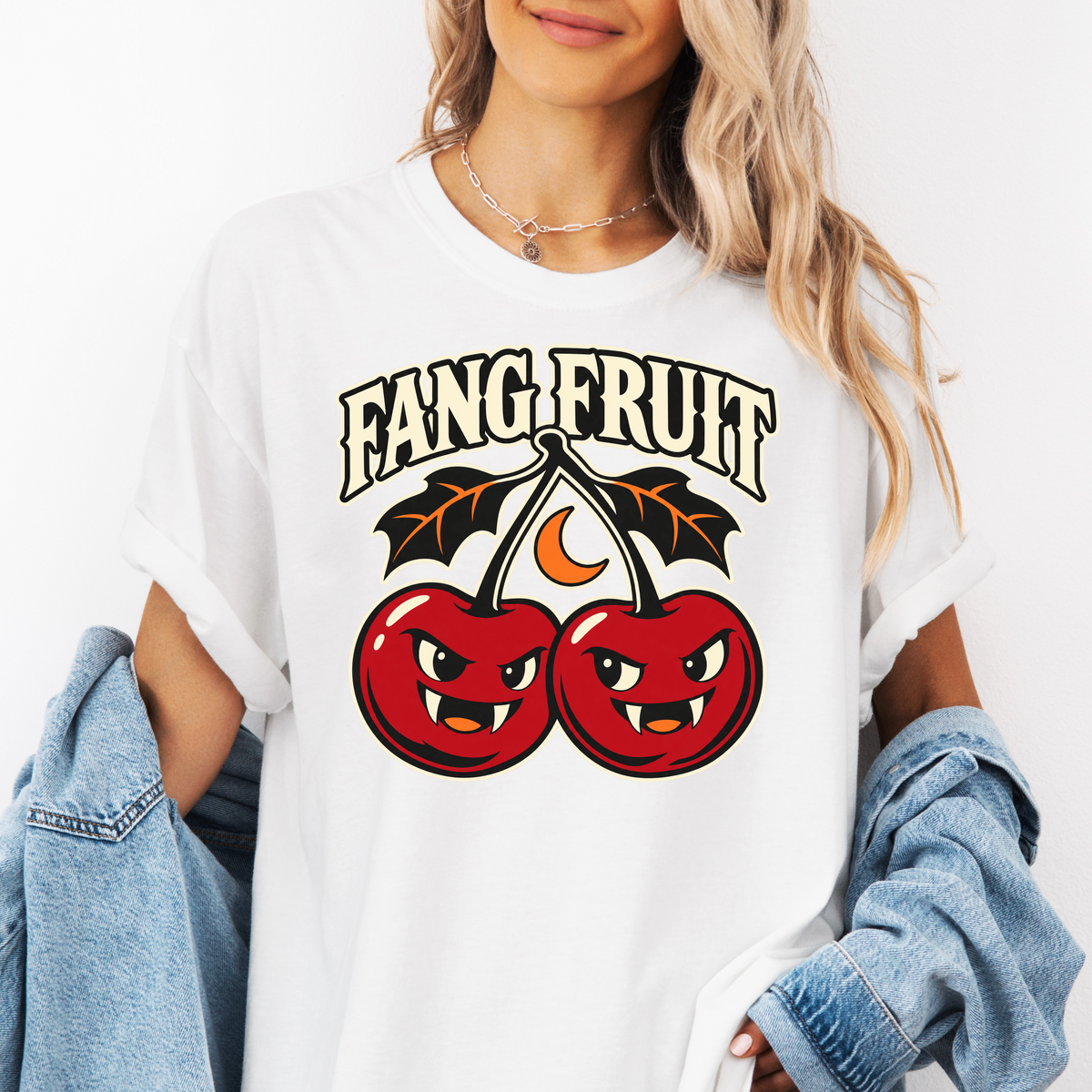 Vampire Cherry Halloween T-shirt, Fang Fruit with Bat-Shaped Leaves, Minimalist Silhouette, Comfort Colors