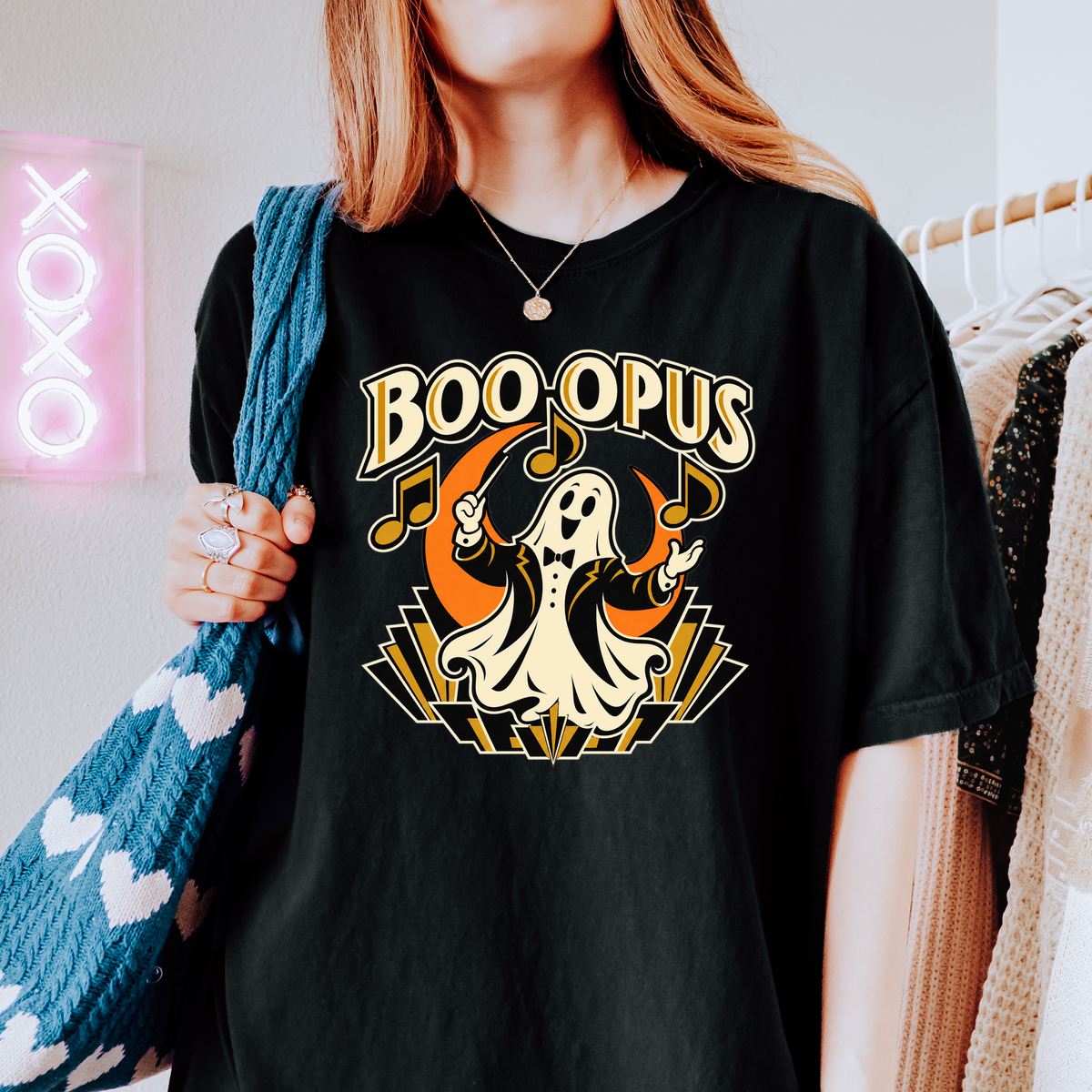 Ghost Music Conductor Halloween T-Shirt, Boo Opus Art Deco Musical Notes, Comfort Colors Spooky Season