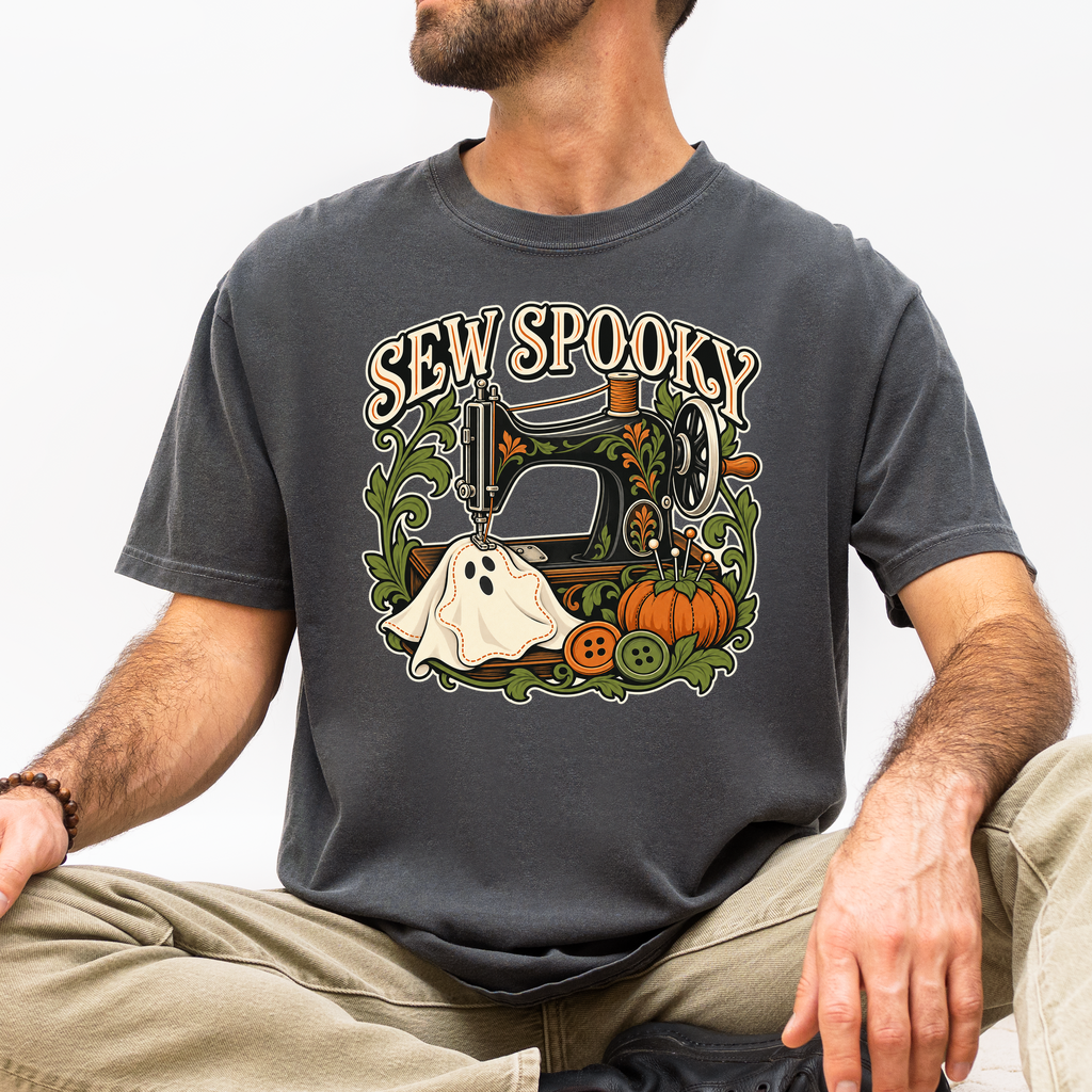 Sewing Machine Halloween T-Shirt, Sew Spooky Ghost Patch, Art Nouveau Pumpkin Design, Comfort Colors
