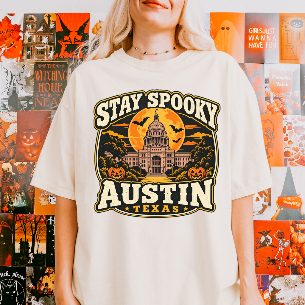 Austin Halloween T-Shirt, Texas State Capitol, Comfort Colors Retro Pumpkin Moon Souvenir, Stay Spooky Texas