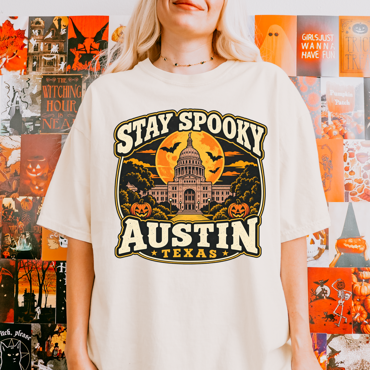 Austin Halloween T-Shirt, Texas State Capitol, Comfort Colors Retro Pumpkin Moon Souvenir, Stay Spooky Texas