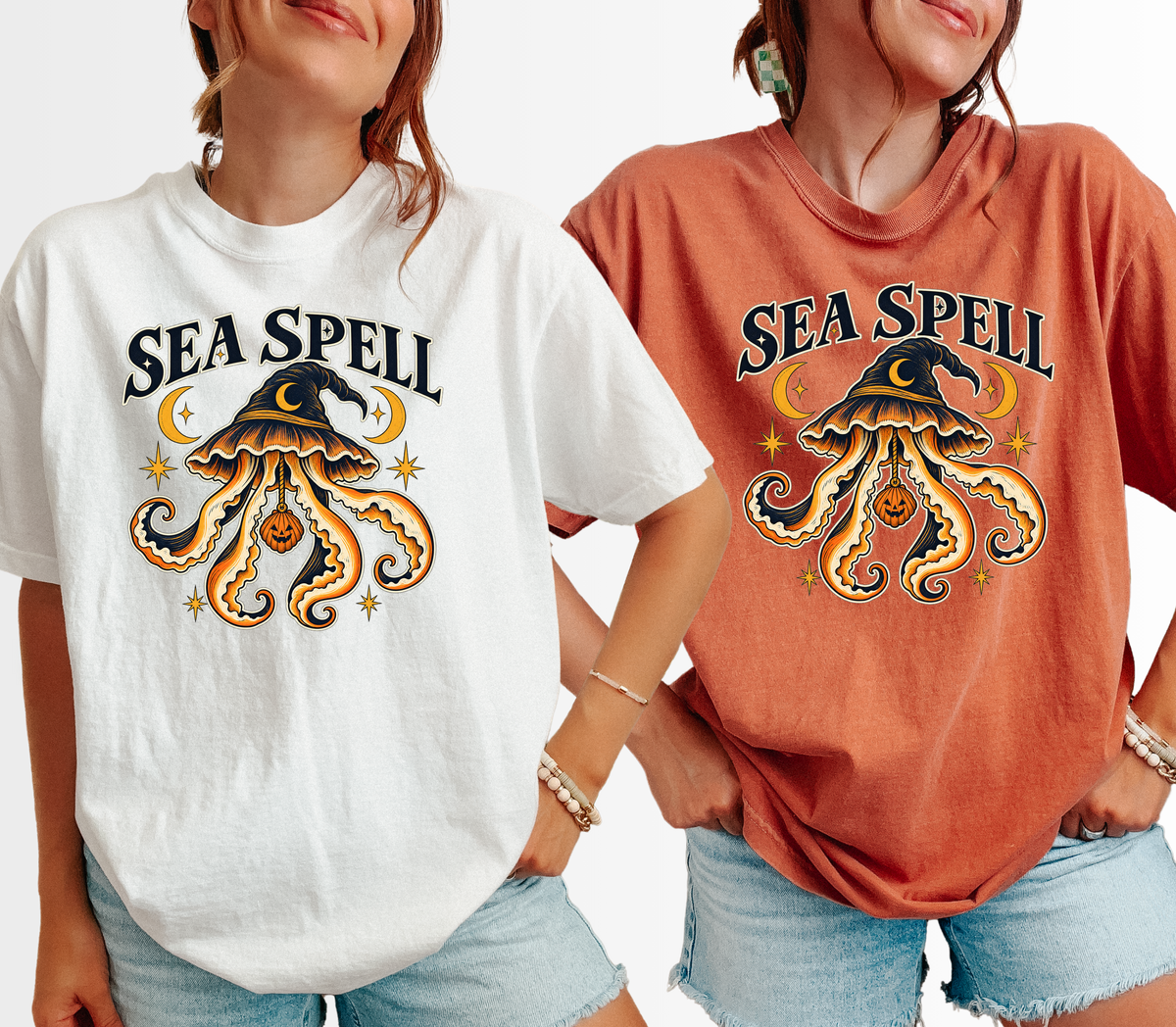 Witch Hat Jellyfish Halloween T-Shirt, Pumpkin Seashell, Celestial Gothic Sea Spell Art, Comfort Colors