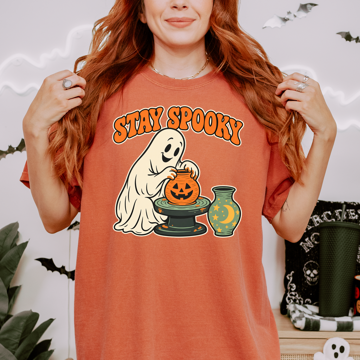 Ghost Pottery Halloween T-Shirt, Stay Spooky Pumpkin Clay Pot, Retro 1950s Cartoon, Comfort Colors Spooky Season