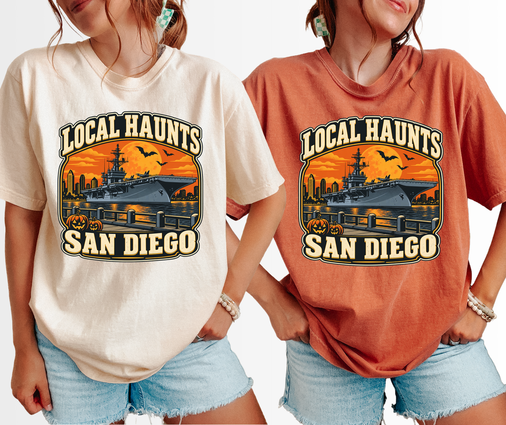San Diego Halloween T-Shirt, USS Midway Harvest Moon, Comfort Colors Retro California Souvenir, Local Haunts