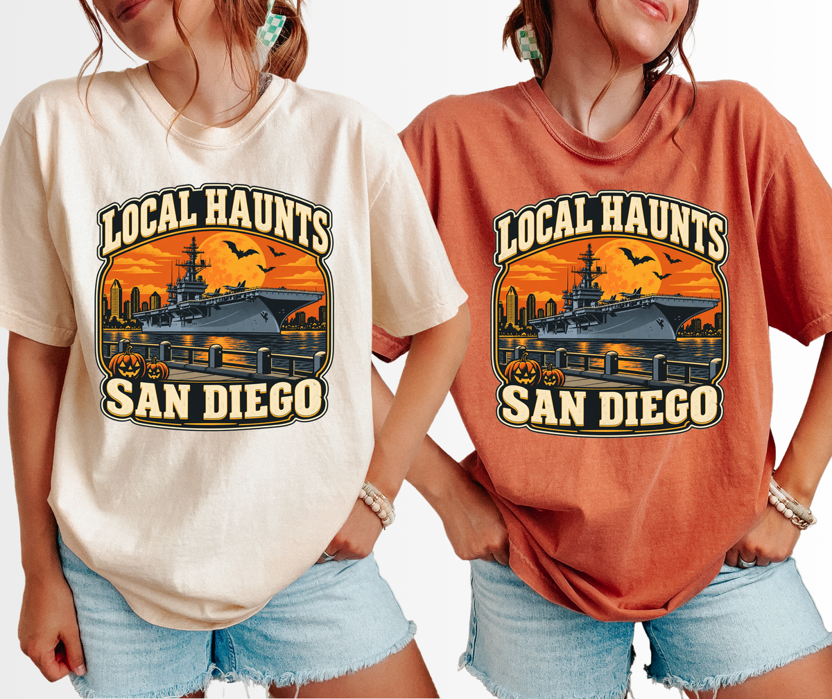 San Diego Halloween T-Shirt, USS Midway Harvest Moon, Comfort Colors Retro California Souvenir, Local Haunts