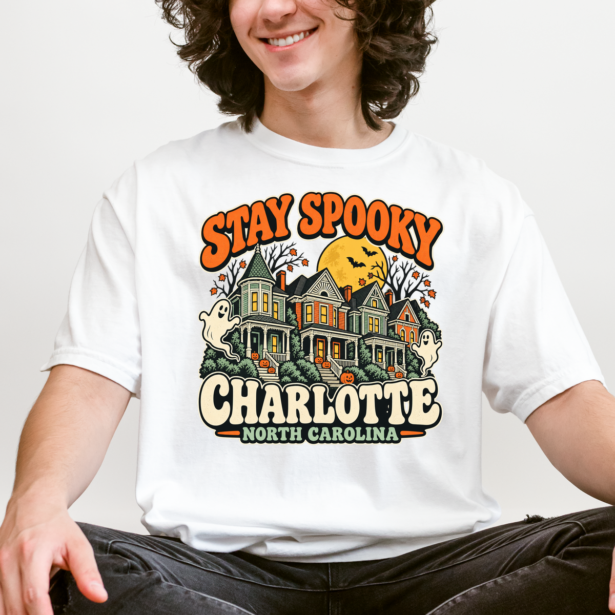 Charlotte Halloween T-Shirt, Fourth Ward Victorian Houses, Retro Ghosts and Pumpkins, Comfort Colors North Carolina