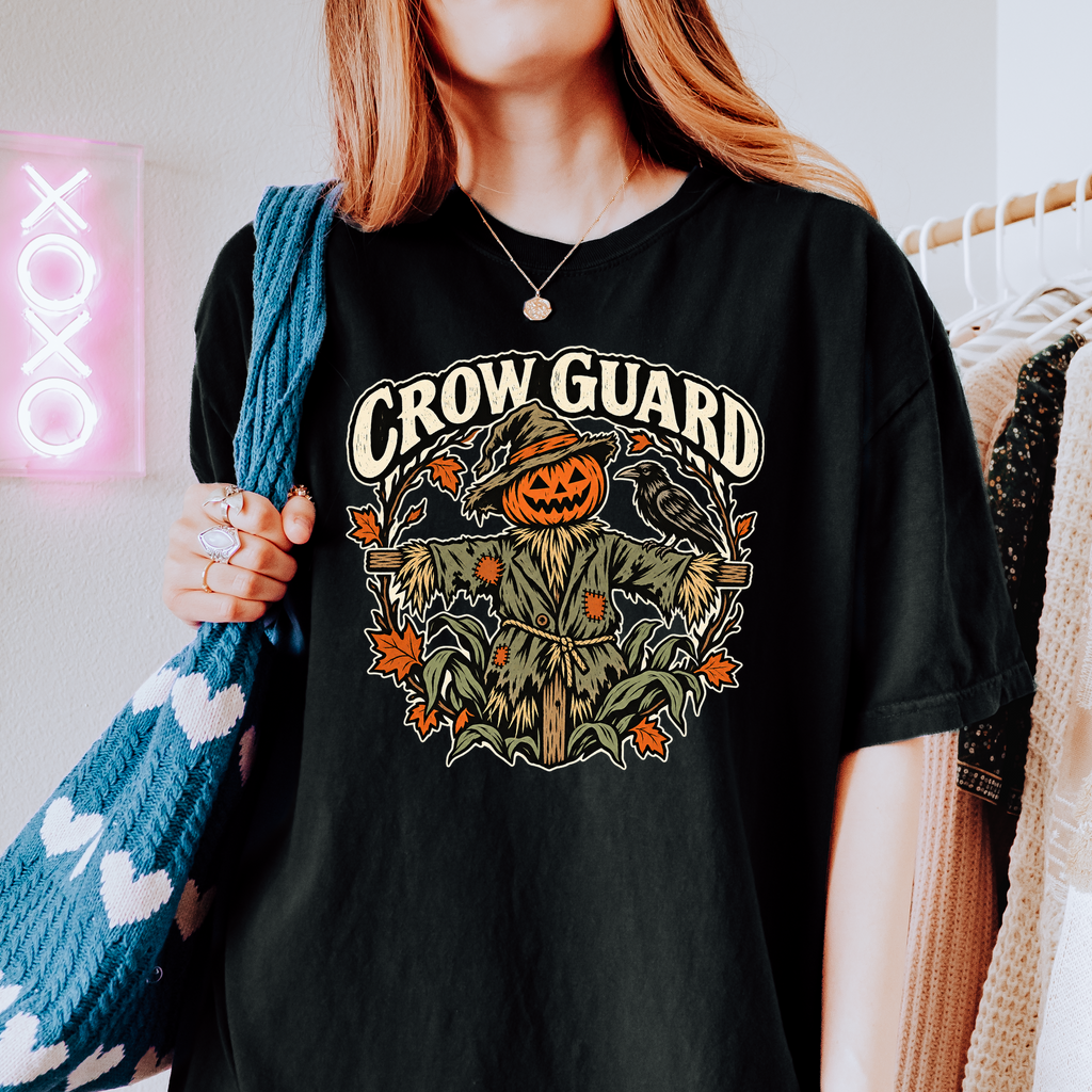 Scarecrow Halloween T-Shirt, Crow Guard Pumpkin Design, Woodcut Folk Art, Comfort Colors Spooky Season