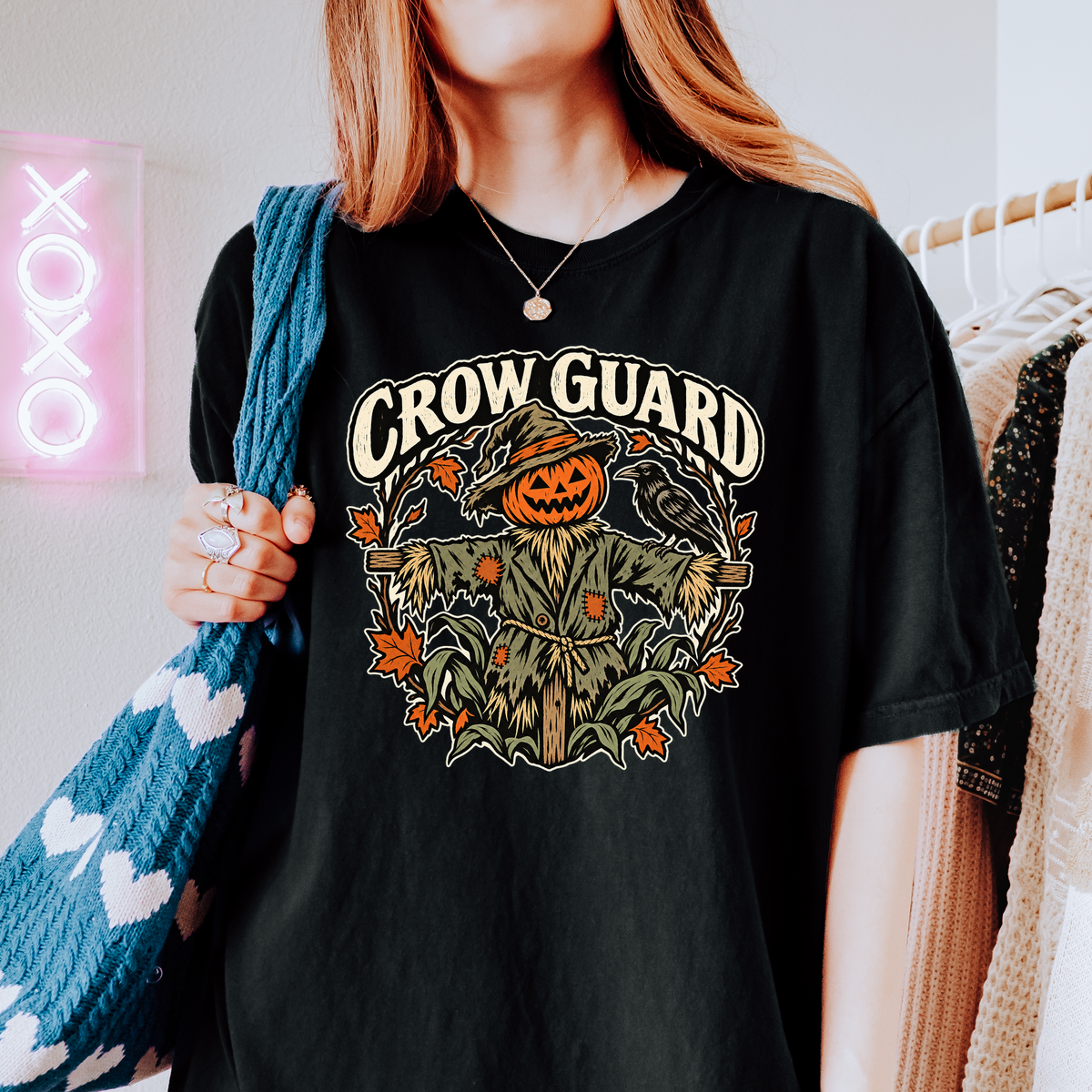 Scarecrow Halloween T-Shirt, Crow Guard Pumpkin Design, Woodcut Folk Art, Comfort Colors Spooky Season