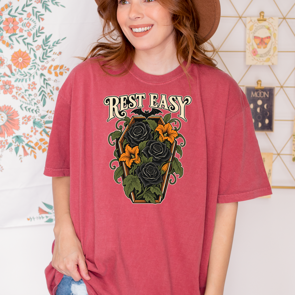 Coffin Flower Bed Halloween T-Shirt, Rest Easy Black Roses, Art Nouveau Botanical, Comfort Colors