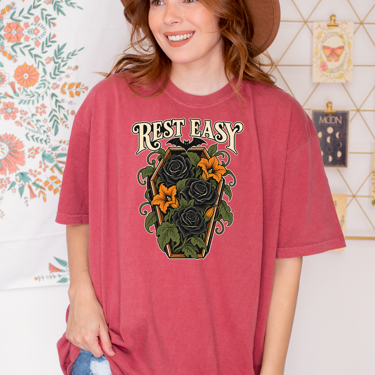 Coffin Flower Bed Halloween T-Shirt, Rest Easy Black Roses, Art Nouveau Botanical, Comfort Colors