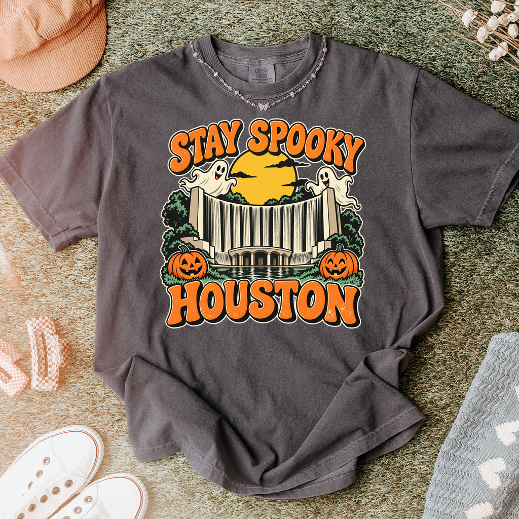 Houston Halloween T-Shirt, Gerald D. Hines Waterwall, Retro Ghost and Pumpkin Art, Comfort Colors Texas Souvenir