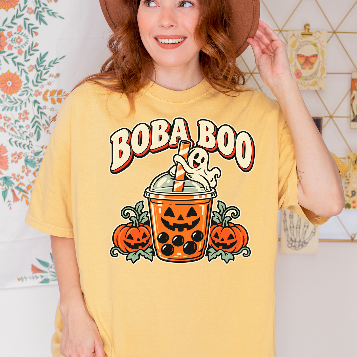 Pumpkin Boba Halloween T-Shirt, Boba Boo Ghost Cup, Retro Diner Spooky Season Art, Comfort Colors