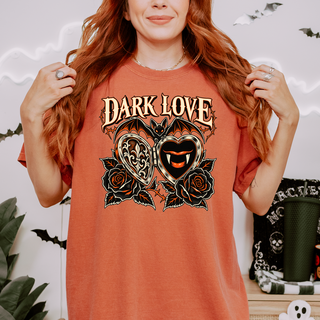 Vampire Heart Locket Halloween T-Shirt, Dark Love Gothic Woodcut, Bat and Black Roses, Comfort Colors