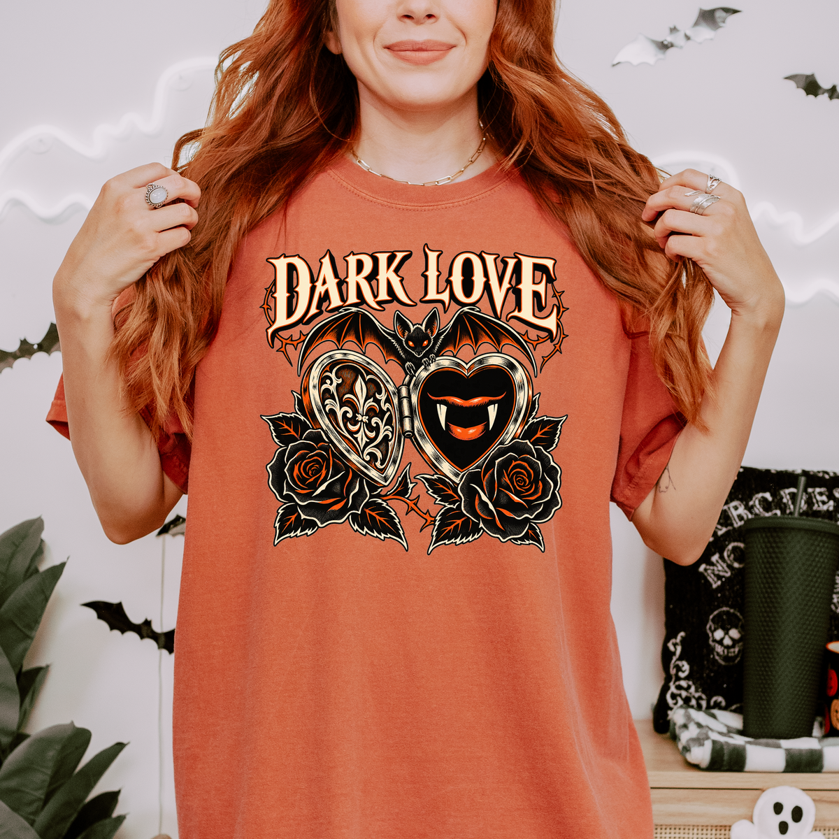 Vampire Heart Locket Halloween T-Shirt, Dark Love Gothic Woodcut, Bat and Black Roses, Comfort Colors