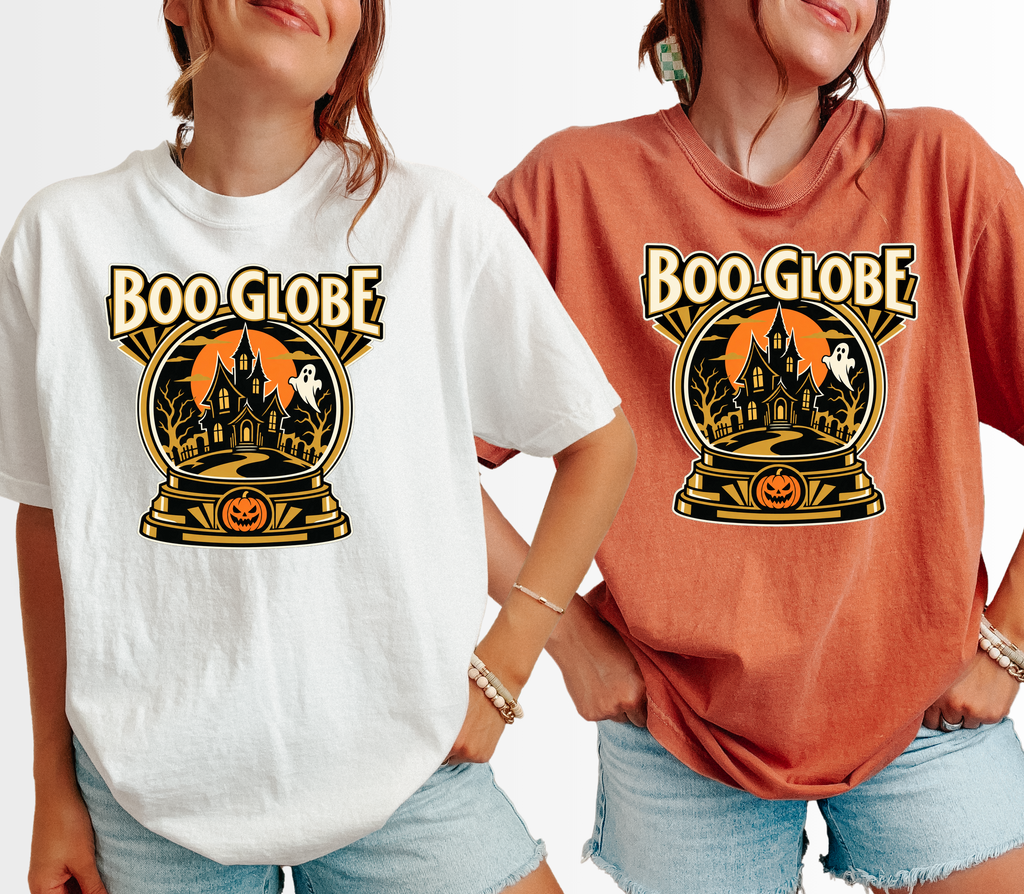 Haunted Snow Globe Halloween T-Shirt, Boo Globe Haunted House, Art Deco Pumpkin and Ghost, Comfort Colors Spooky Season