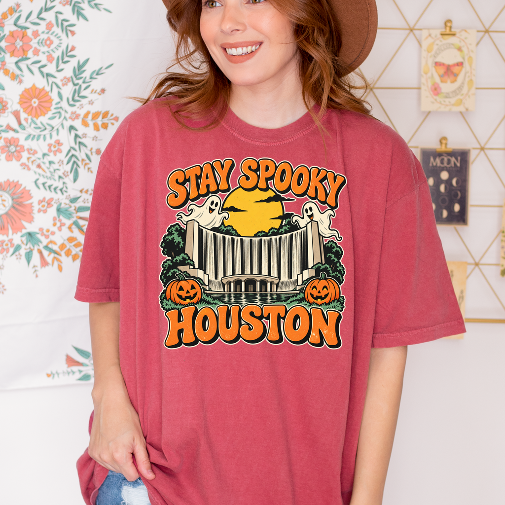 Houston Halloween T-Shirt, Gerald D. Hines Waterwall, Retro Ghost and Pumpkin Art, Comfort Colors Texas Souvenir