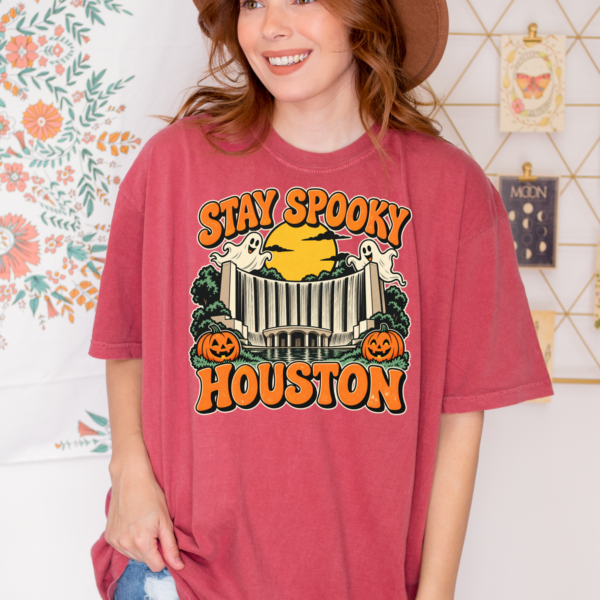 Houston Halloween T-Shirt, Gerald D. Hines Waterwall, Retro Ghost and Pumpkin Art, Comfort Colors Texas Souvenir