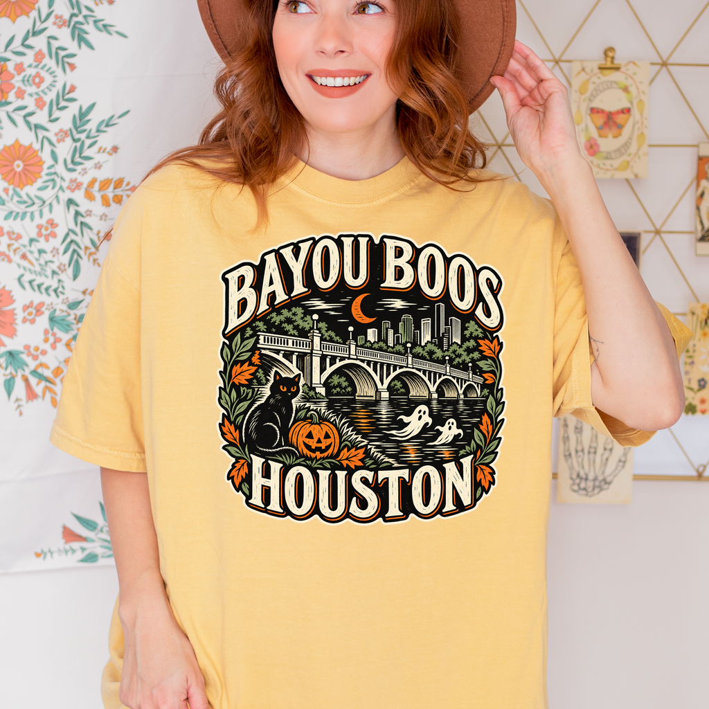 Houston Halloween T-Shirt, Sabine Street Bridge Bayou Boos, Black Cat Folk Art, Comfort Colors Texas Souvenir
