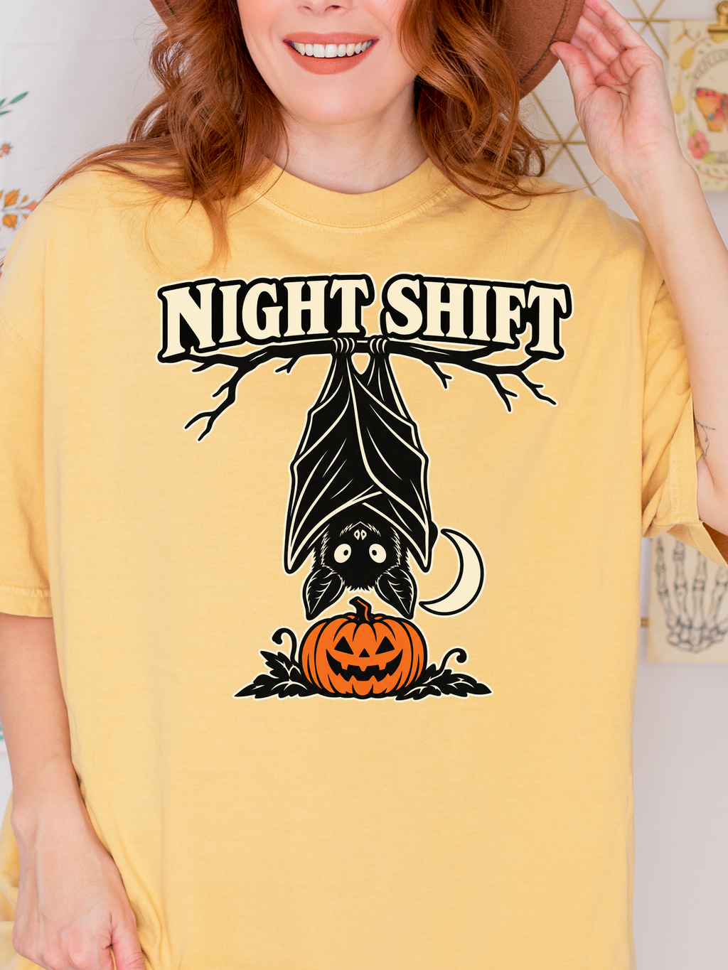 Halloween T-Shirt, Hanging Bat Night Shift Art, Comfort Colors