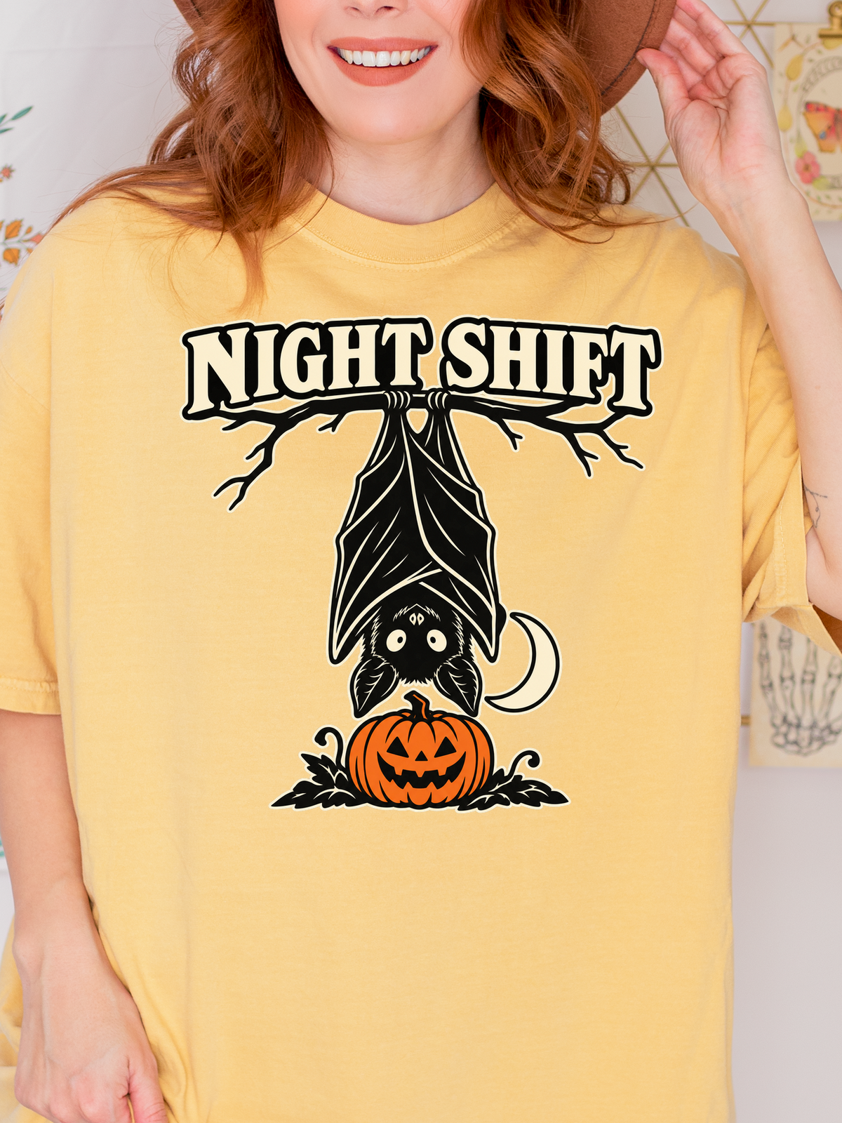 Halloween T-Shirt, Hanging Bat Night Shift Art, Comfort Colors