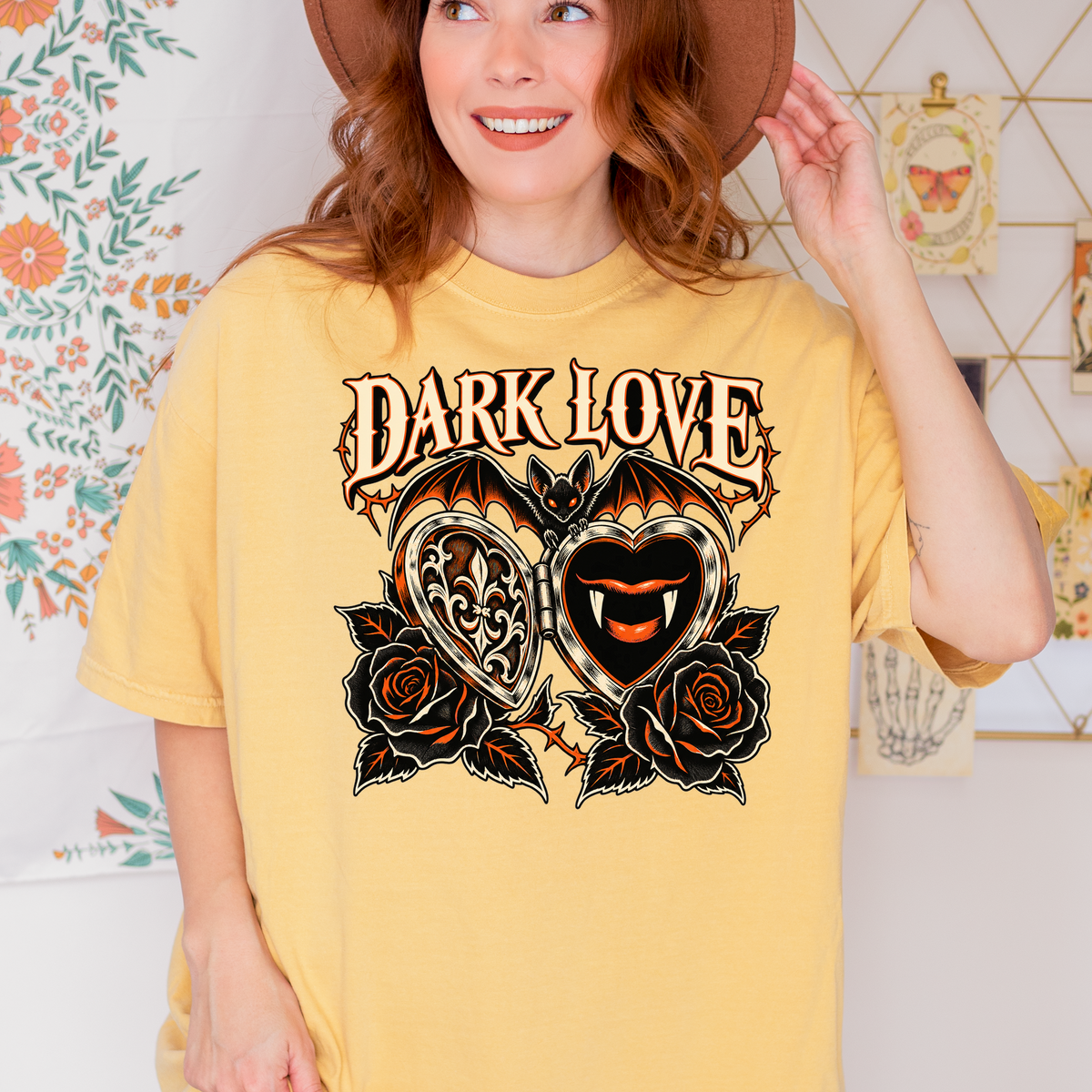 Vampire Heart Locket Halloween T-Shirt, Dark Love Gothic Woodcut, Bat and Black Roses, Comfort Colors