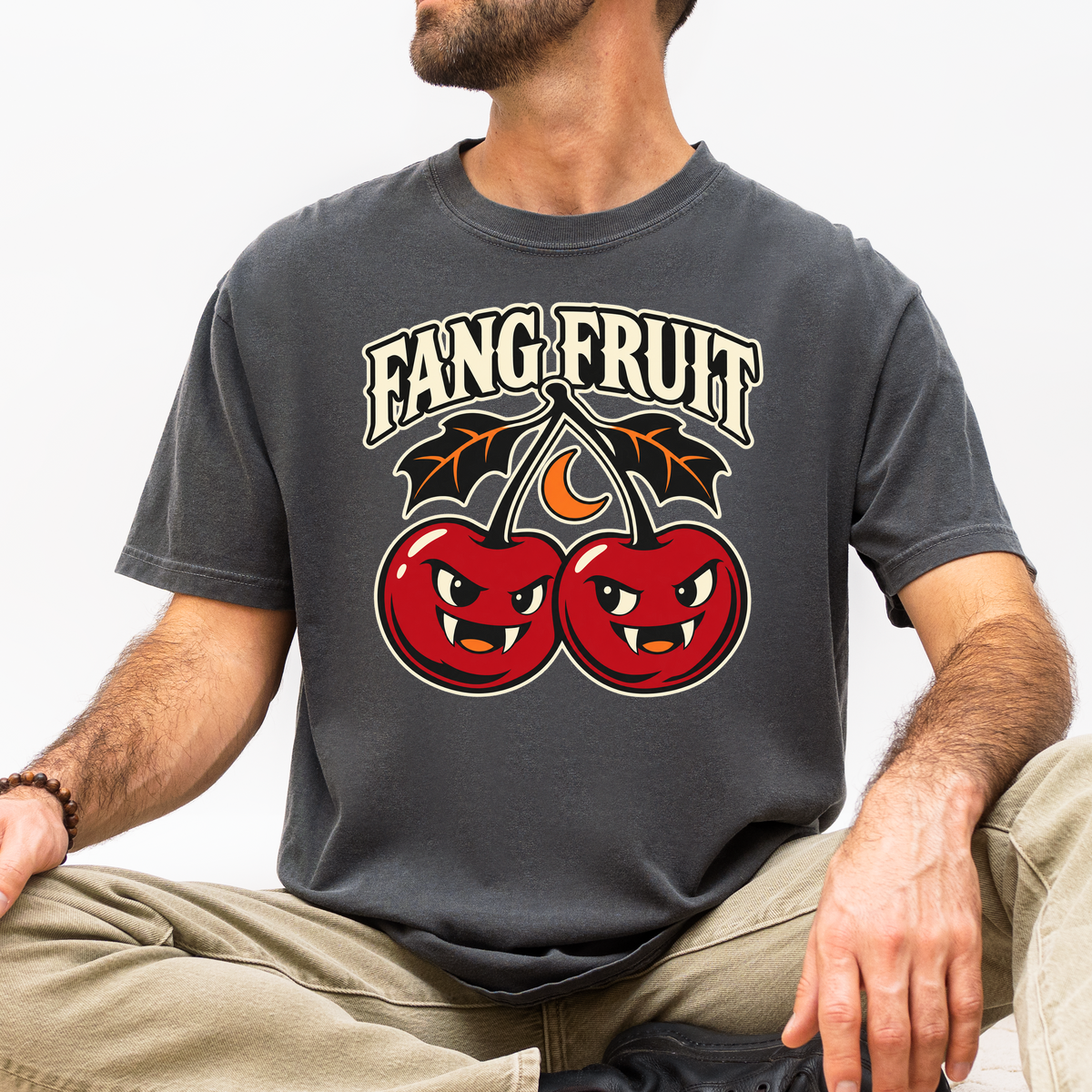 Vampire Cherry Halloween T-shirt, Fang Fruit with Bat-Shaped Leaves, Minimalist Silhouette, Comfort Colors