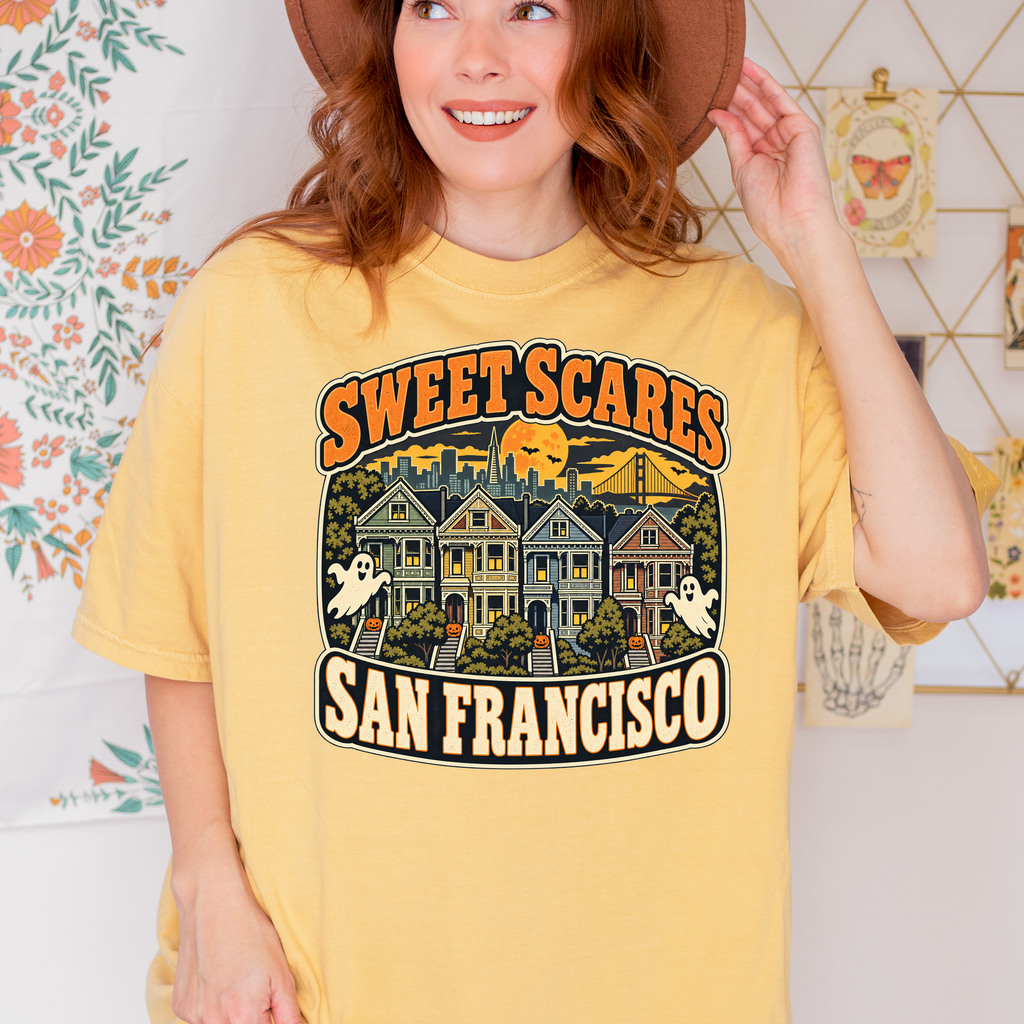 San Francisco Halloween T-Shirt, Painted Ladies Ghosts, Comfort Colors Retro California Souvenir, Sweet Scares