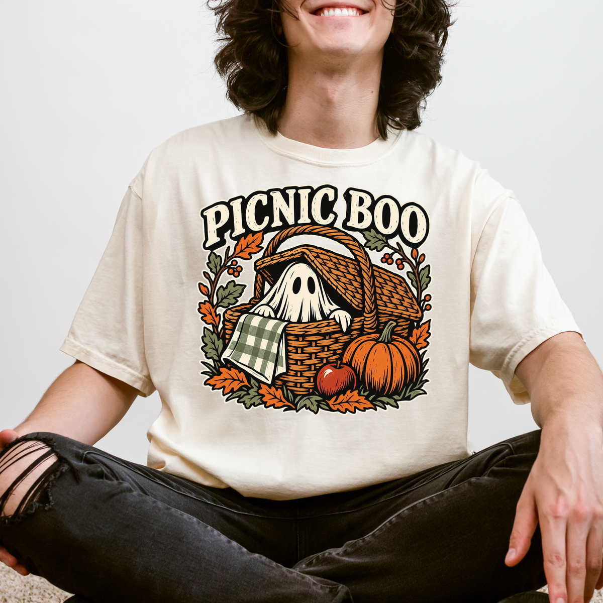 Ghost Picnic Basket Halloween T-Shirt, Picnic Boo Folk Art, Pumpkin Woodcut Illustration, Comfort Colors