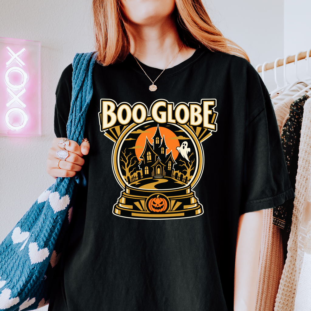 Haunted Snow Globe Halloween T-Shirt, Boo Globe Haunted House, Art Deco Pumpkin and Ghost, Comfort Colors Spooky Season
