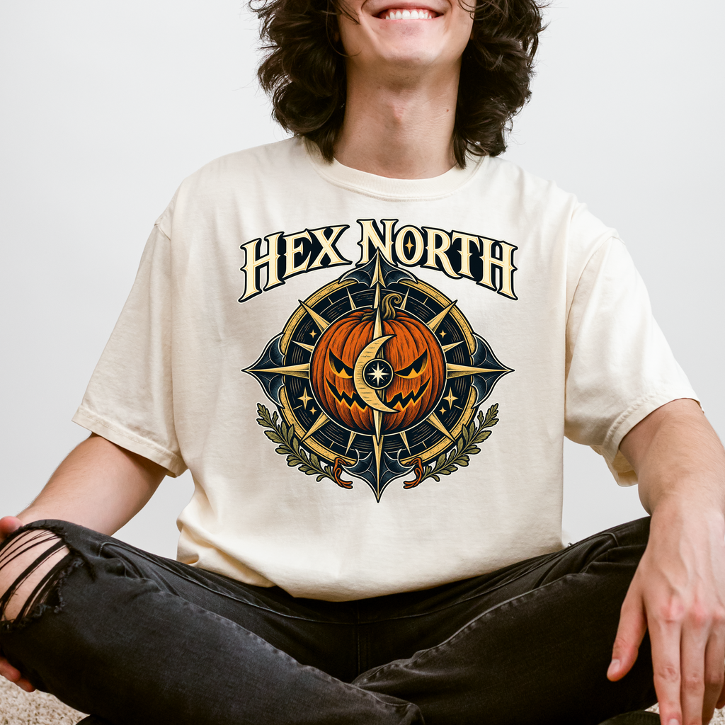 Witch Compass Halloween T-Shirt, Hex North Pumpkin Crescent Design, Celestial Gothic Art, Comfort Colors