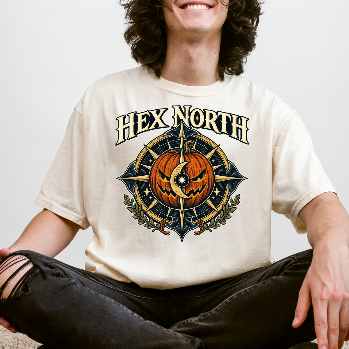 Witch Compass Halloween T-Shirt, Hex North Pumpkin Crescent Design, Celestial Gothic Art, Comfort Colors