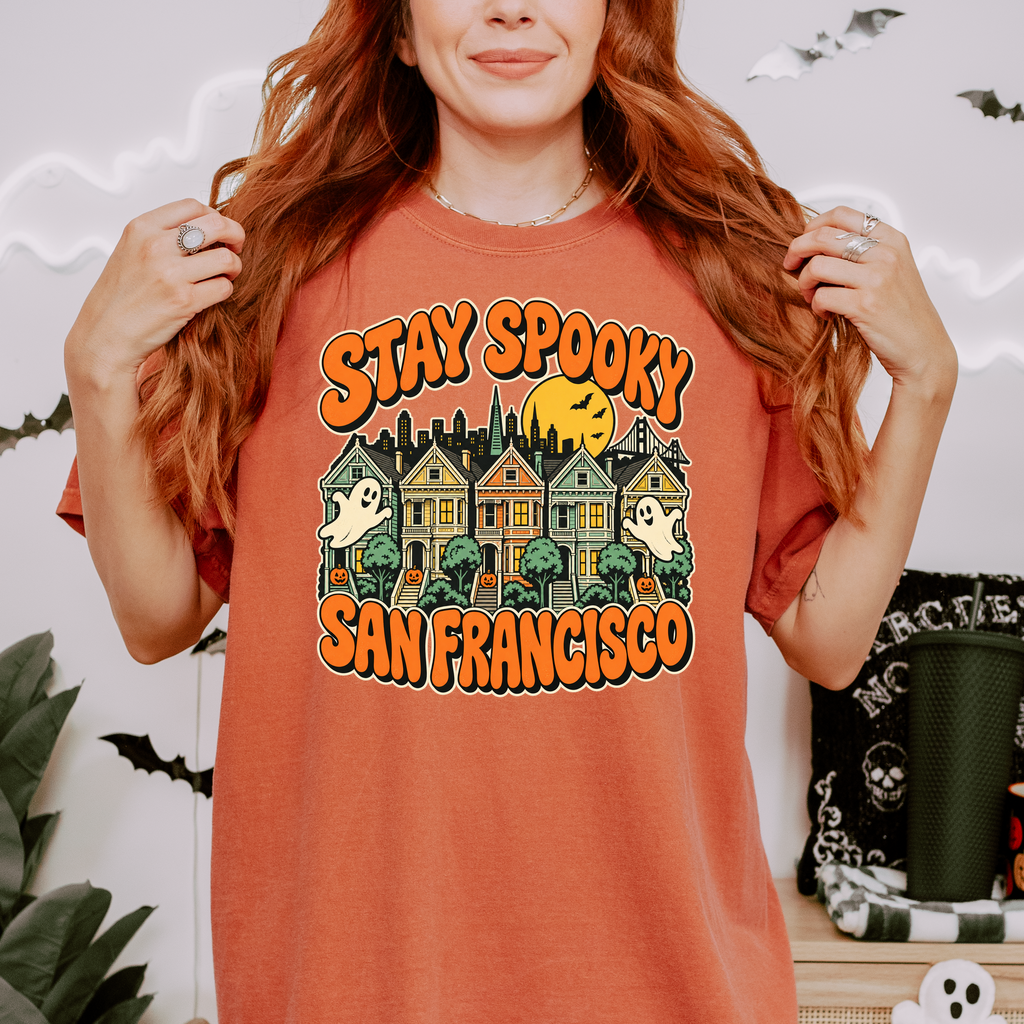 San Francisco Halloween T-Shirt, Painted Ladies Ghosts, Retro Pumpkin Art, Comfort Colors California Souvenir