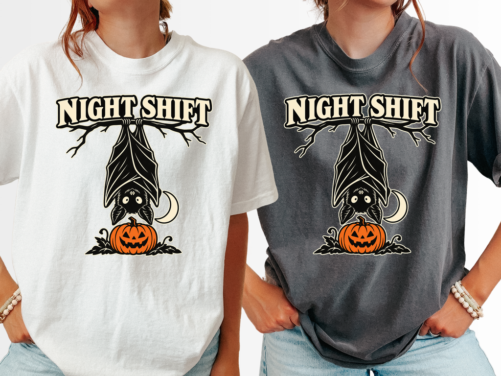 Halloween T-Shirt, Hanging Bat Night Shift Art, Comfort Colors