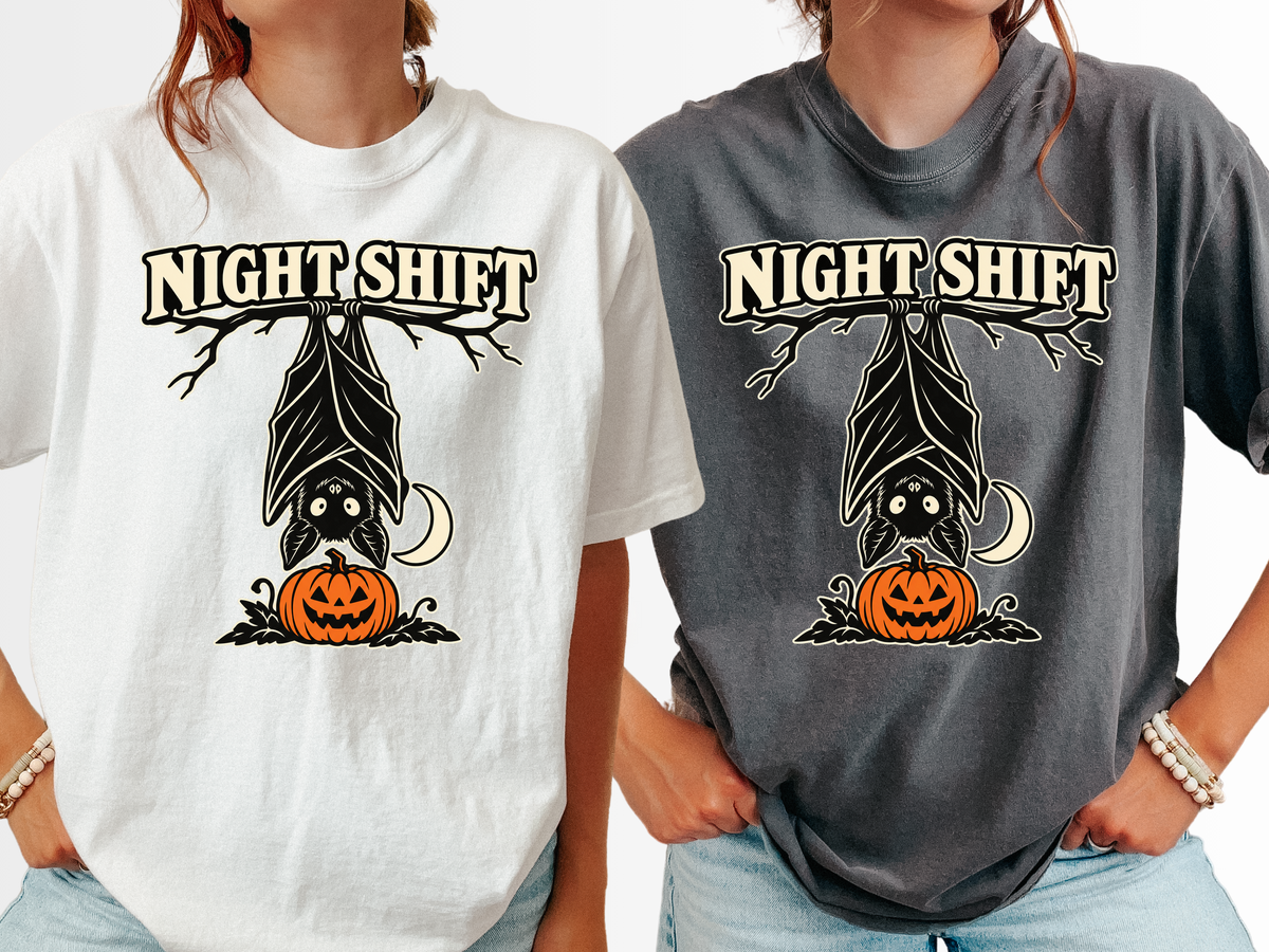Halloween T-Shirt, Hanging Bat Night Shift Art, Comfort Colors