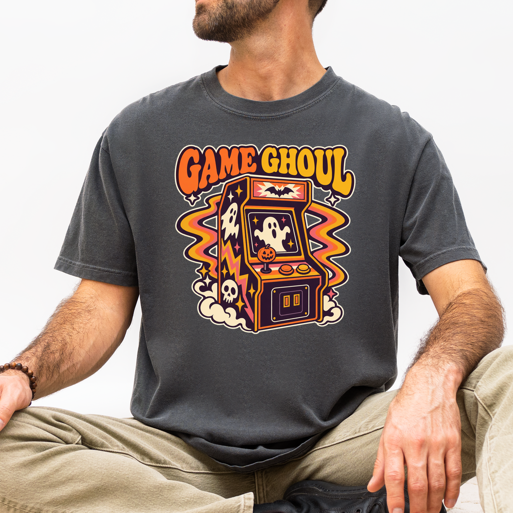 Haunted Arcade Halloween T-Shirt, Game Ghoul Cabinet, 1970s Psychedelic Pumpkin Joystick, Comfort Colors