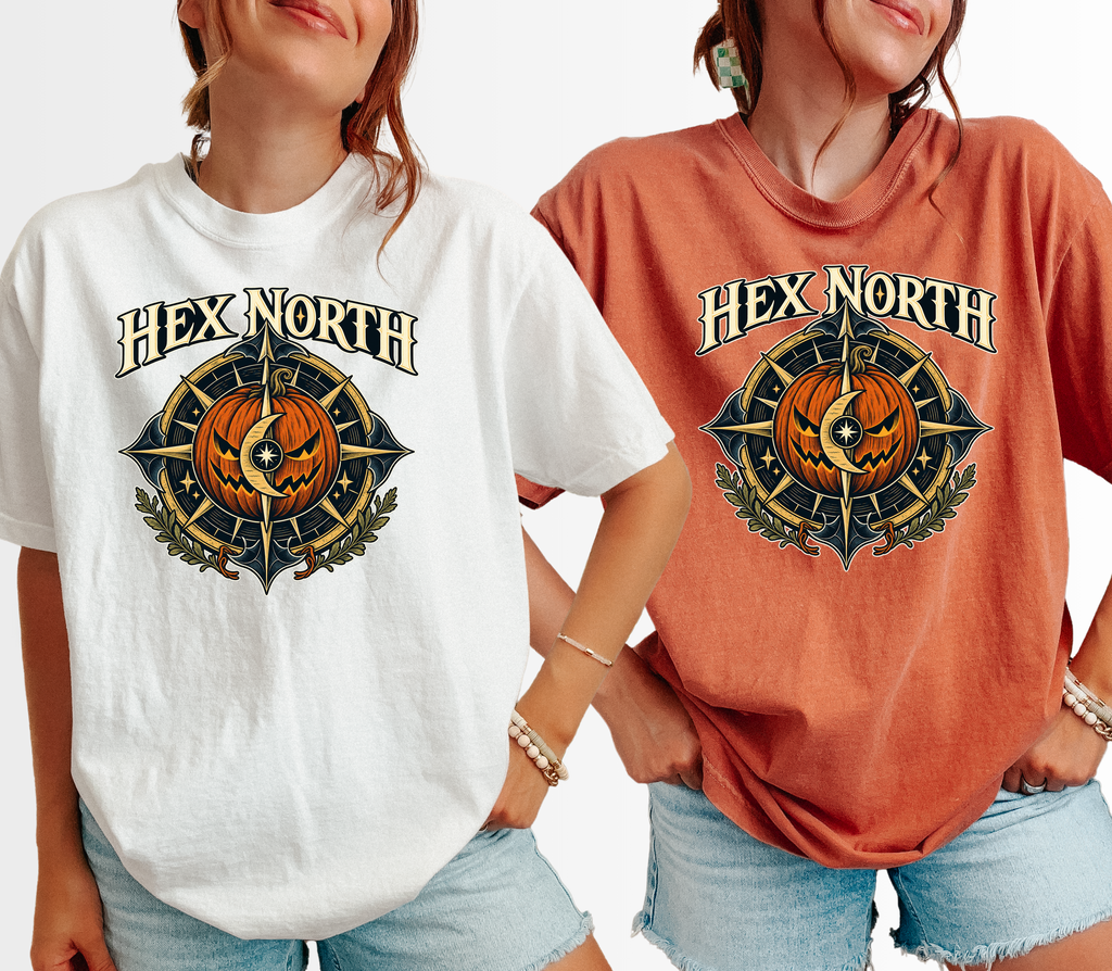 Witch Compass Halloween T-Shirt, Hex North Pumpkin Crescent Design, Celestial Gothic Art, Comfort Colors