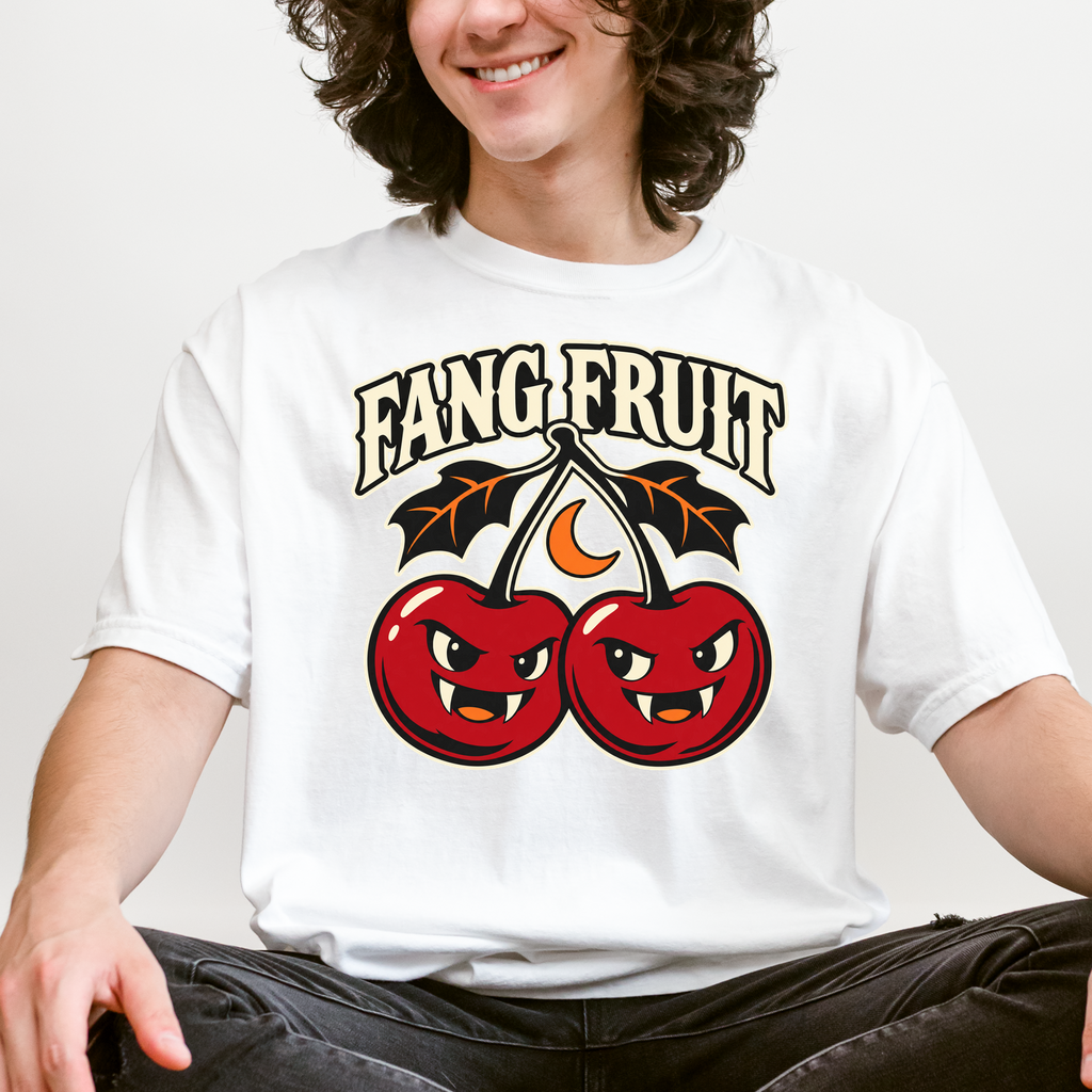 Vampire Cherry Halloween T-shirt, Fang Fruit with Bat-Shaped Leaves, Minimalist Silhouette, Comfort Colors