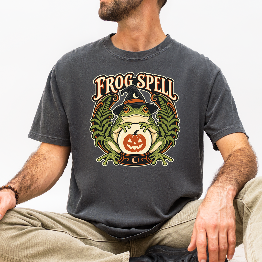 Frog Halloween T-Shirt, Fortune Teller Crystal Ball and Pumpkin, Art Nouveau Botanical Comfort Colors