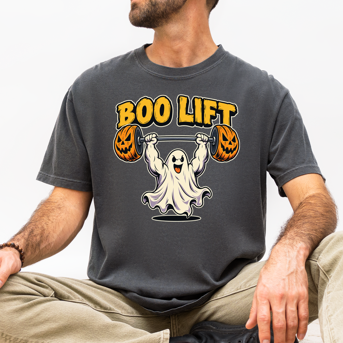 Ghost Weightlifter Halloween T-Shirt, Boo Lift Pumpkin Barbell, Retro Comic Illustration, Comfort Colors